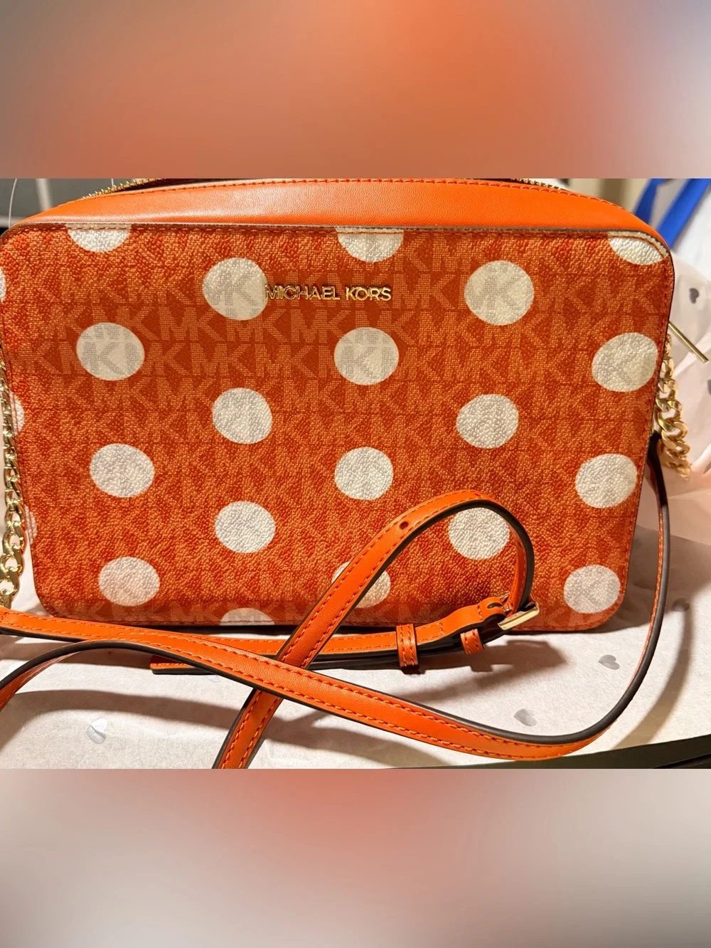 Michael Kors Orange Polka Dot Crossbody with Gold Accents NWT B55